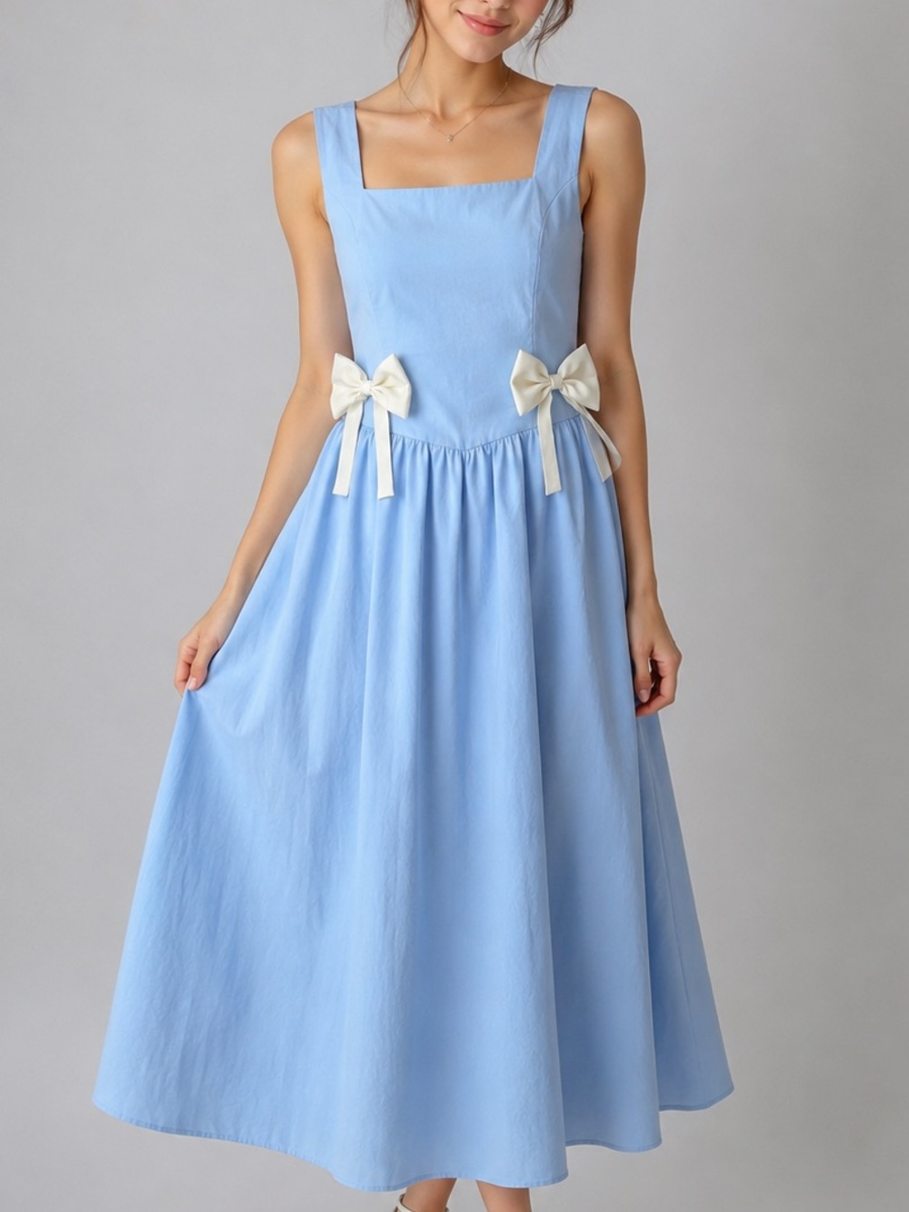 🆕🩵🦋AQUA x Bloomingdale’s Blue Cotton Midi Dress White Bow Detail Size L Coquette
